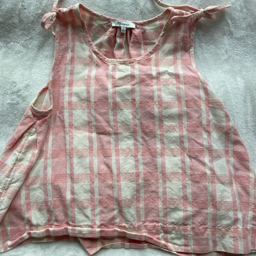 Madewell Pink Plaid Tie Sleeve Top